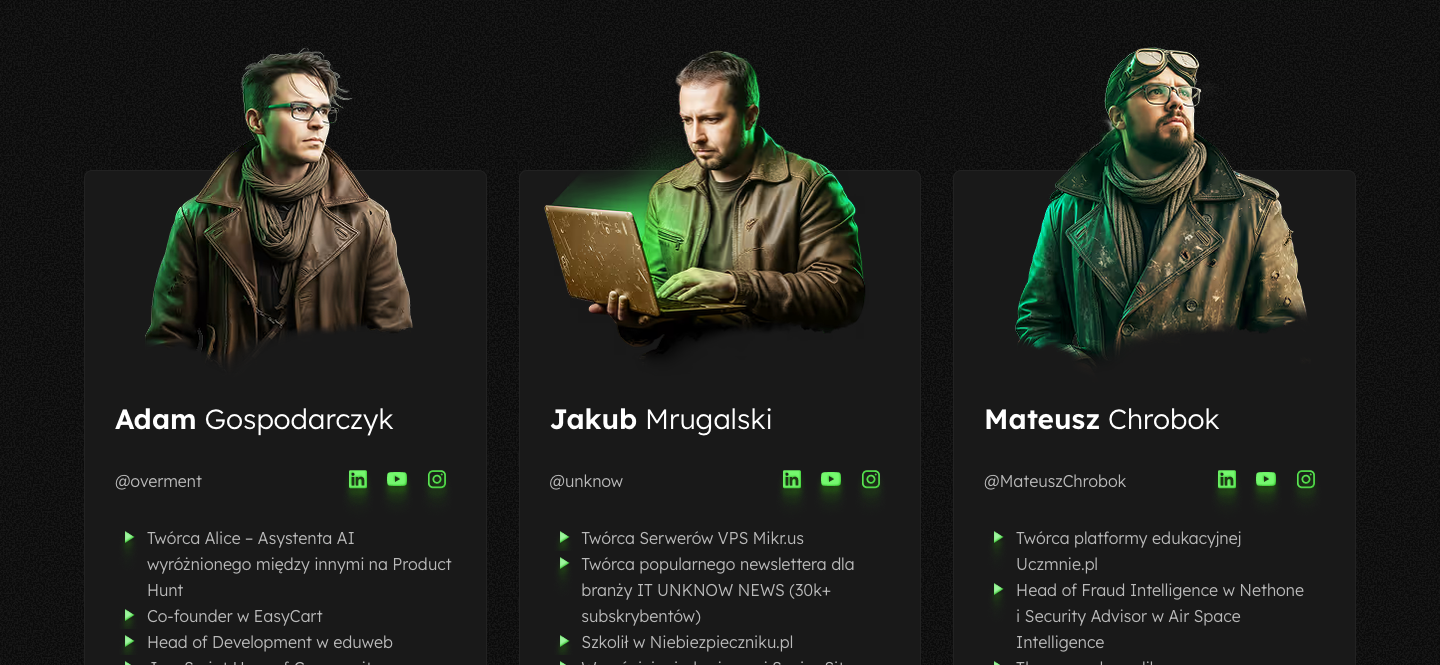 Sekcja Twórcy AI_devs na stronie kursu: trzy karty z ilustrowanymi postaciami Adama Gospodarczyka, Jakuba Mrugalskiego i Mateusza Chroboka, każda z nickiem i listą dokonań prowadzącego