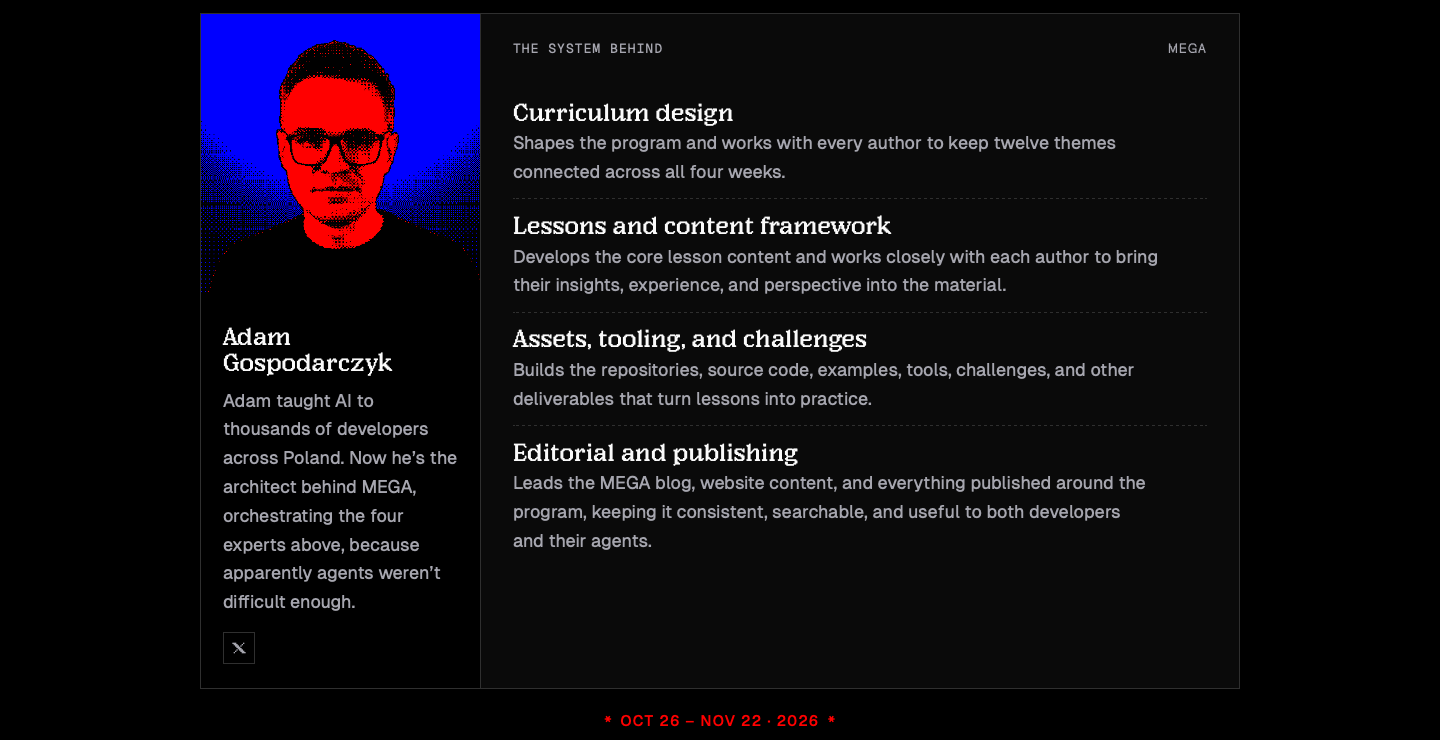 Karta The System Behind MEGA ze zdjęciem Adama Gospodarczyka i czterema obszarami jego pracy: curriculum design, lessons and content framework, assets, tooling and challenges oraz editorial and publishing