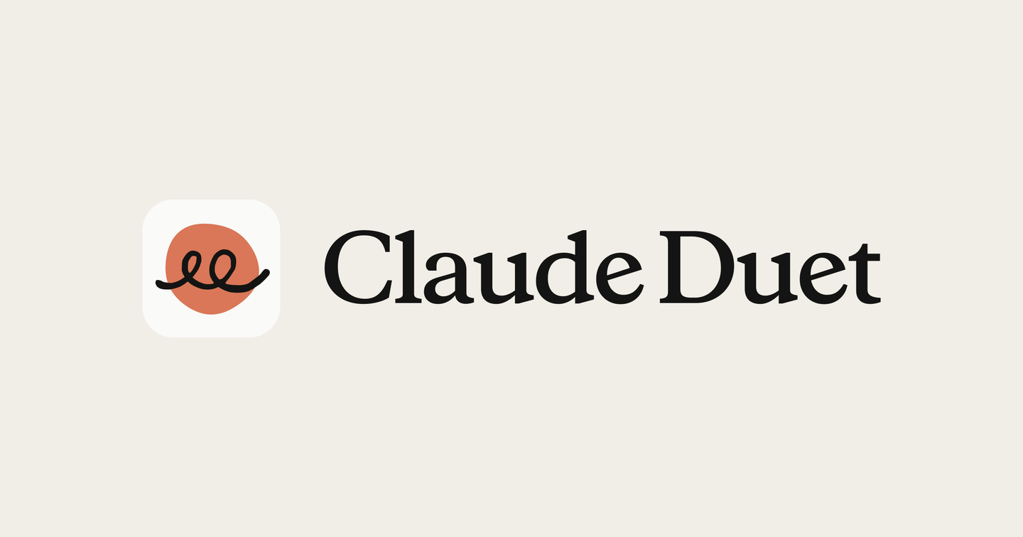 Ikona aplikacji Claude Duet, czyli pomarańczowa plama przecięta czarną, zapętloną linią, obok napis Claude Duet na beżowym tle