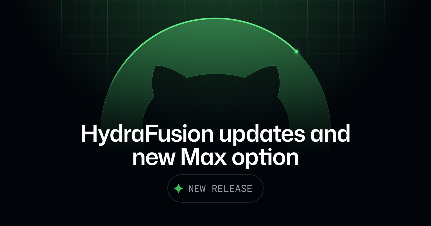 Ciemna grafika GitHuba z sylwetką Octocata w zielonym łuku, napisem HydraFusion updates and new Max option i plakietką NEW RELEASE