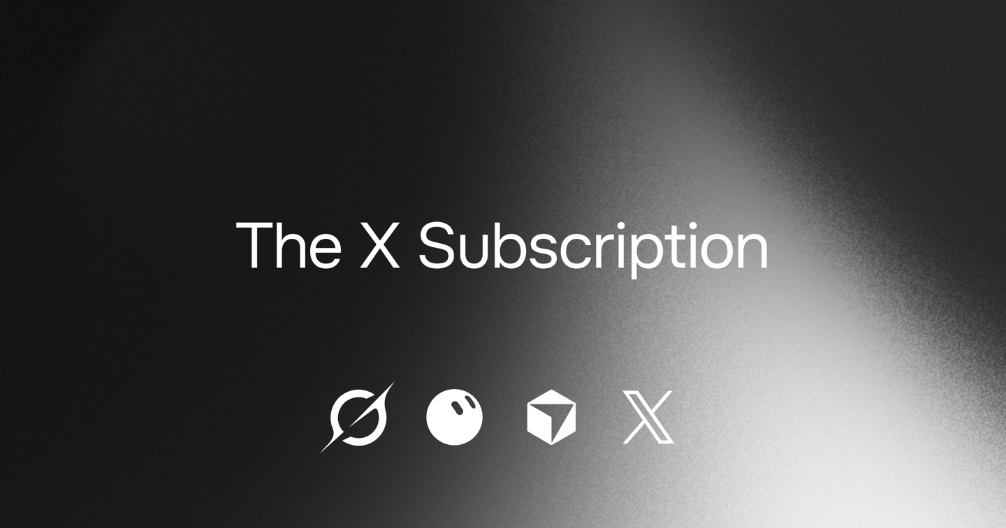 Napis The X Subscription na czarno-szarym gradiencie, pod nim cztery białe znaki: Grok, Grok Bot, Cursor i X