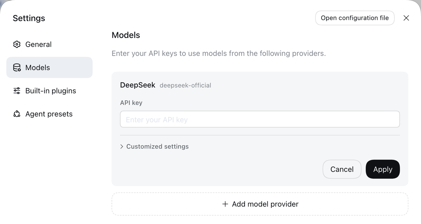 Ekran Settings w DeepSeek Harness, zakładka Models: pole API key dla dostawcy DeepSeek i przycisk Add model provider