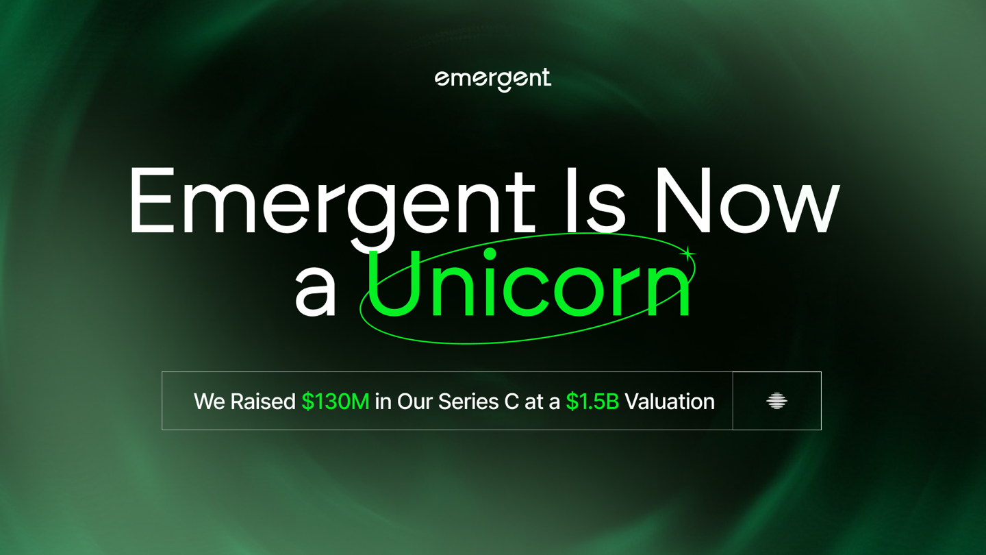 Oficjalna grafika Emergent z napisem Emergent Is Now a Unicorn i informacją o rundzie 130 mln dolarów przy wycenie 1,5 mld