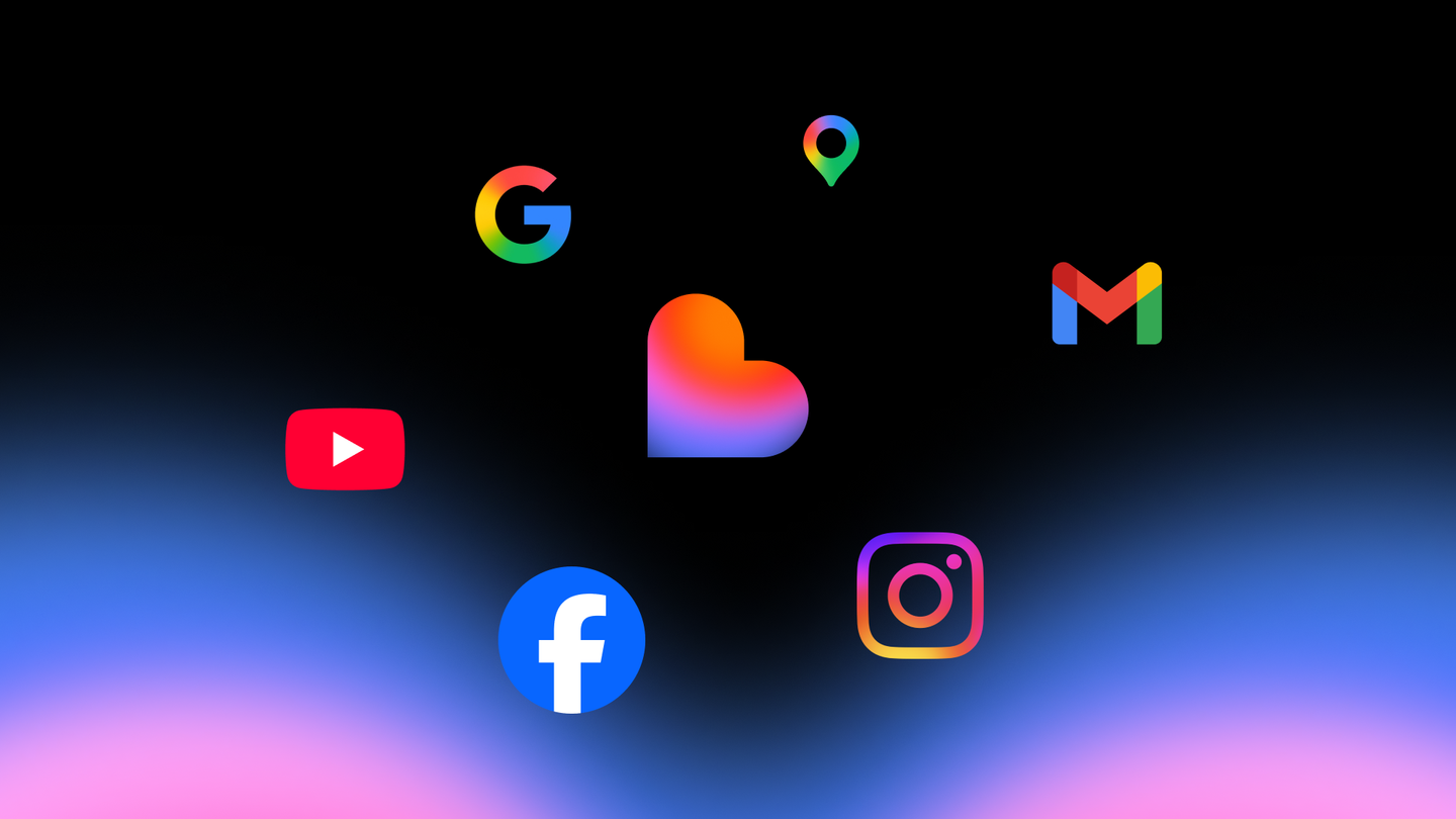 Oficjalna grafika Lovable: kolorowe serce (logo firmy) pośrodku czarnego tła, wokół niego ikony Google, Map Google, Gmaila, YouTube, Facebooka i Instagrama, u dołu niebiesko-różowa poświata