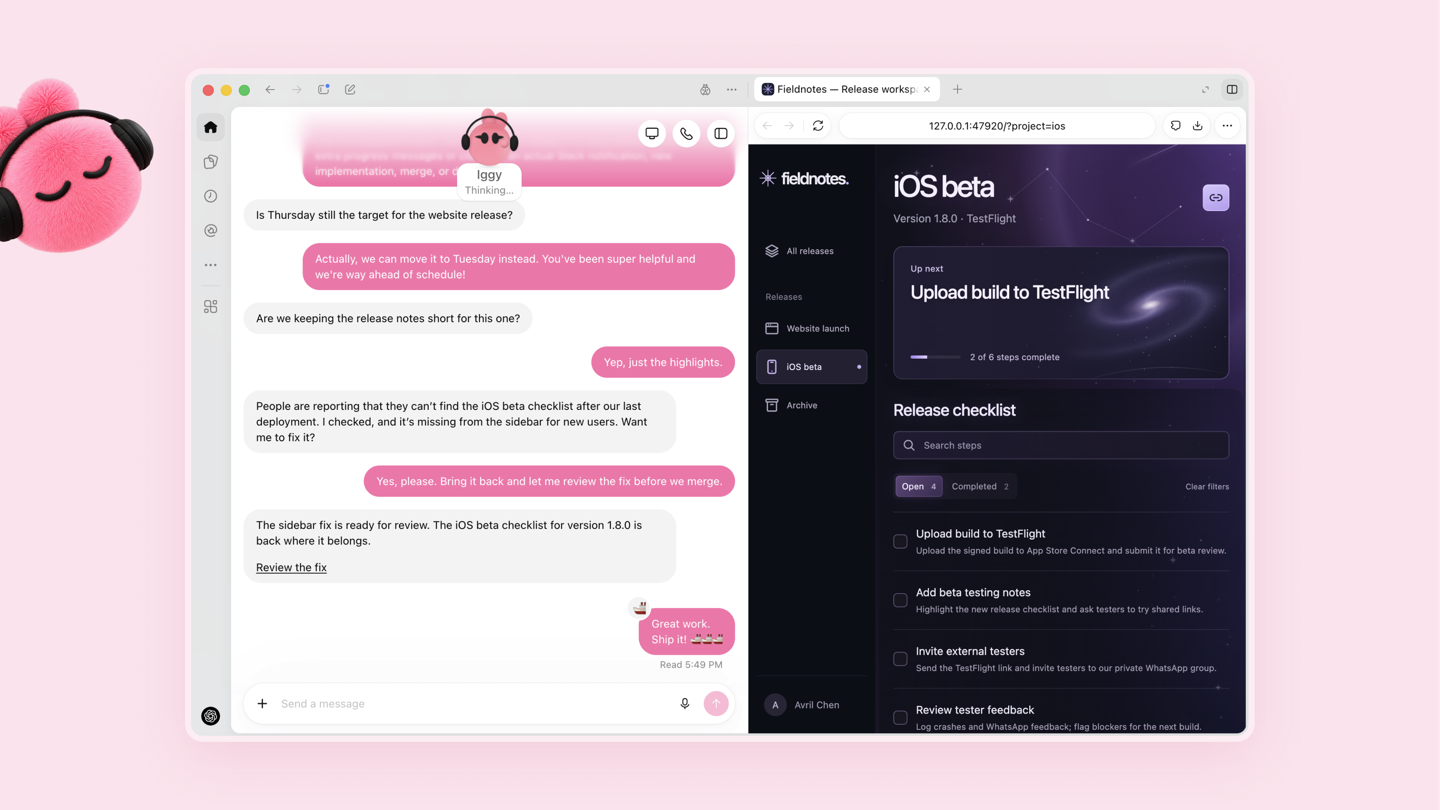 Zrzut z ogłoszenia OpenAI: rozmowa z różowym dotem o imieniu Iggy na temat brakującej listy kontrolnej wersji beta na iOS, obok otwarta przestrzeń robocza wydania z listą kroków przed publikacją