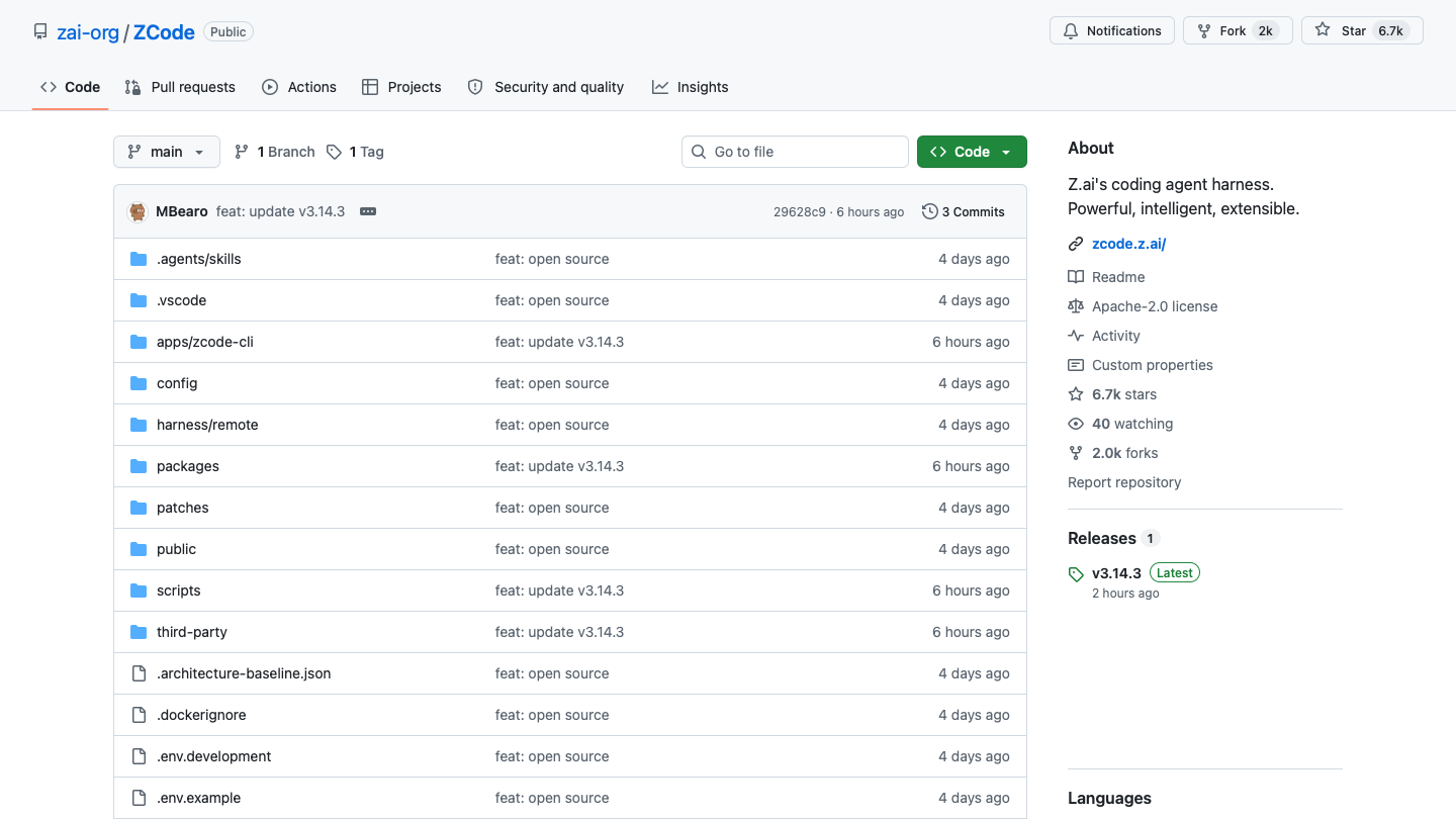 Strona repozytorium zai-org/ZCode na GitHubie: licencja Apache 2.0, trzy commity i wydanie v3.14.3