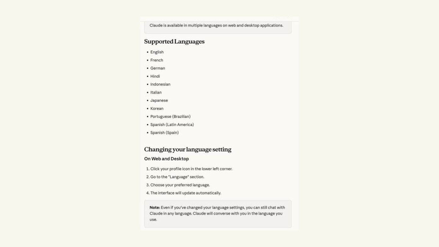 Zrzut oficjalnej strony pomocy Anthropic z listą obsługiwanych języków interfejsu Claude: angielski, francuski, niemiecki, hindi, indonezyjski, włoski, japoński, koreański, portugalski brazylijski i dwa warianty hiszpańskiego. Polskiego na liście nie ma.
