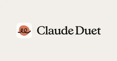 Ikona aplikacji Claude Duet, czyli pomarańczowa plama przecięta czarną, zapętloną linią, obok napis Claude Duet na beżowym tle